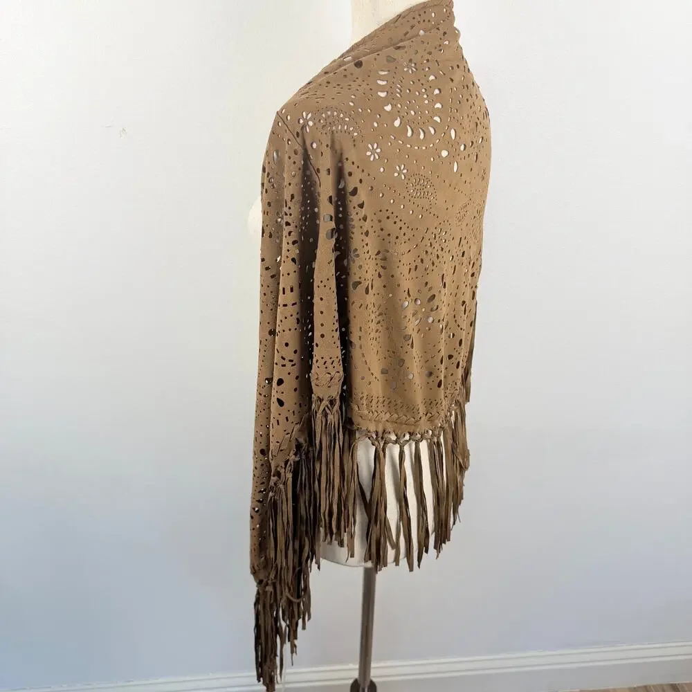 AMERICAN EAGLE Brown Faux Suede Lazercut Fringe Wrap Shawl Western